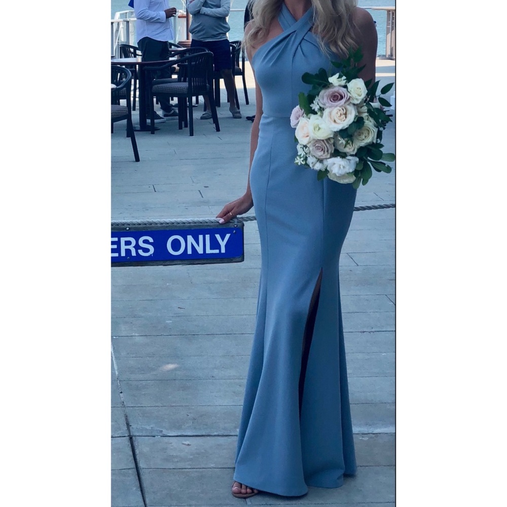 Jenny Yoo Kayleigh Cross Front Crepe Knit Gown